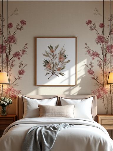 Camera da letto con una parete d'accento dietro il letto con carta da parati floreale.